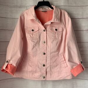 Roz & Ali Pink Denim Jean Jacket Button Up Long Roll Tab Sleeves Size 18/20